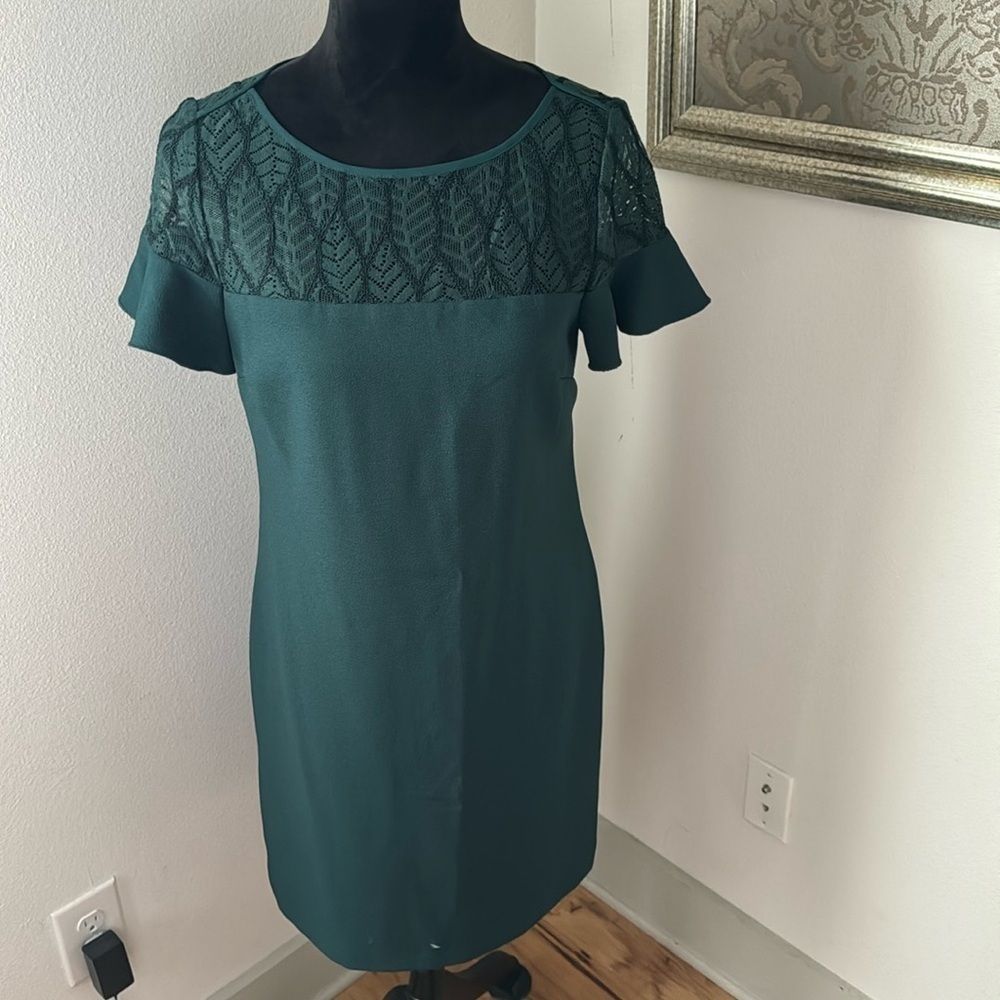 Karl Lagerfield Paris Crepe Dark green lace top flutter sleeves shift dress Sz 4